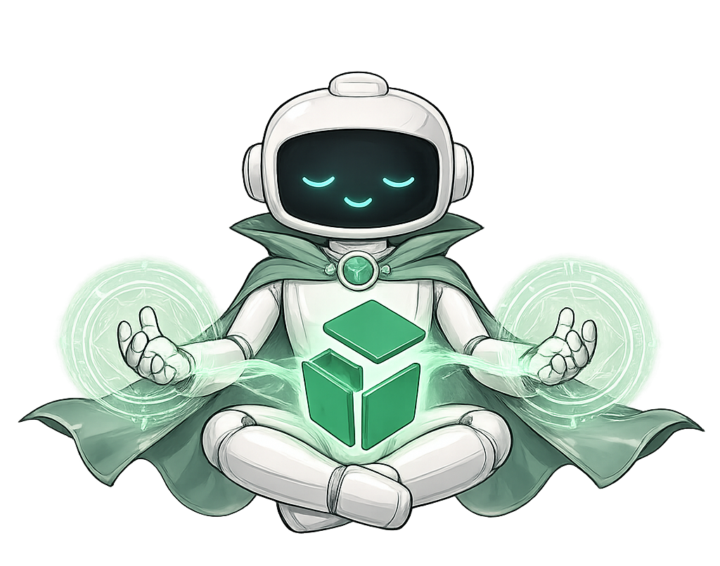 Robô da Cubo, de capa verde, meditando enquanto monta o cubo da marca